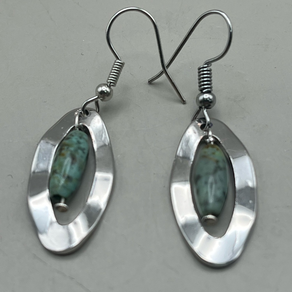 Silver and Turquoise Oval Earrings - Picture 2 of 3